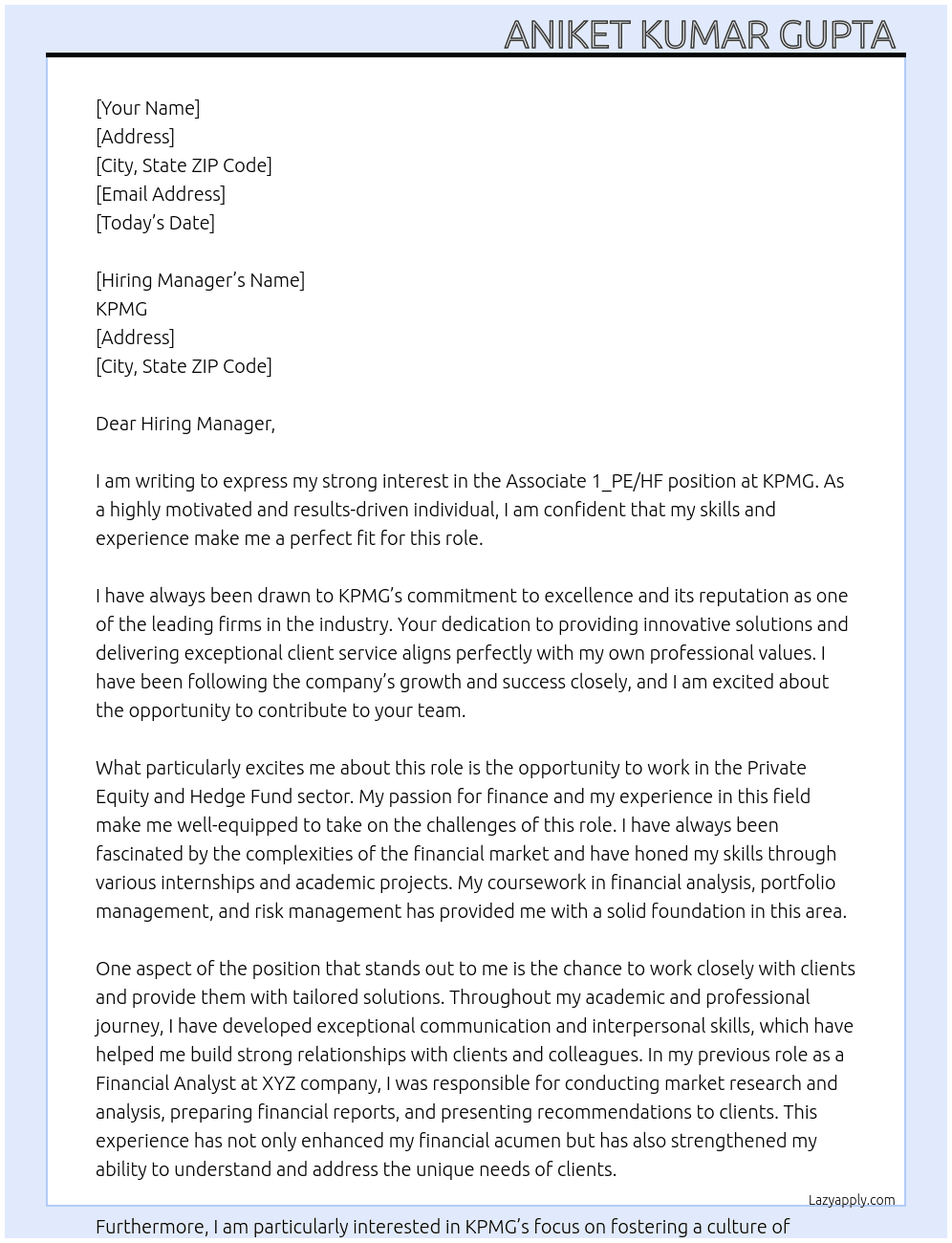 Associate 1_PE/HF At KPMG Cover Letter