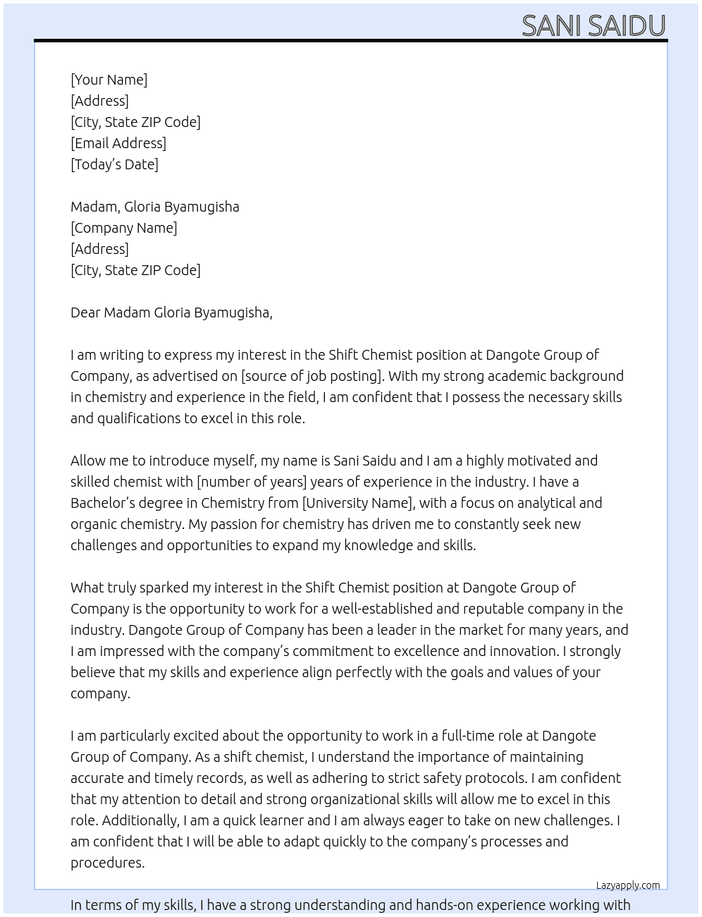Shift chemist At Dangote group of company  Cover Letter