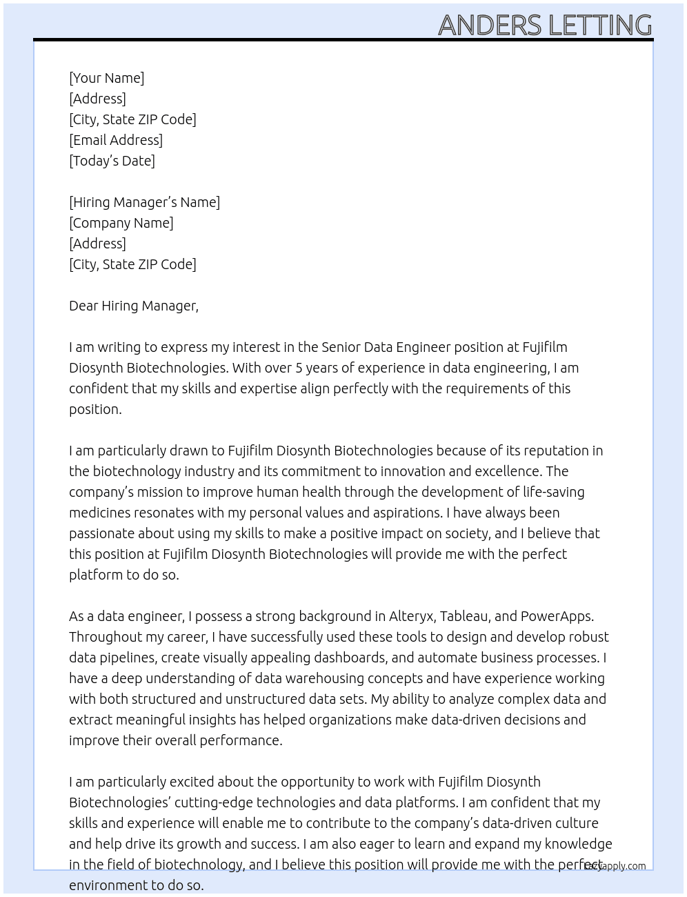 Senior Data Engineer At Fujifilm Diosynth Biotechnologies Cover Letter