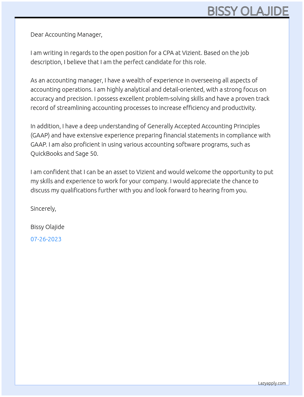 cpa At Vizient Cover Letter
