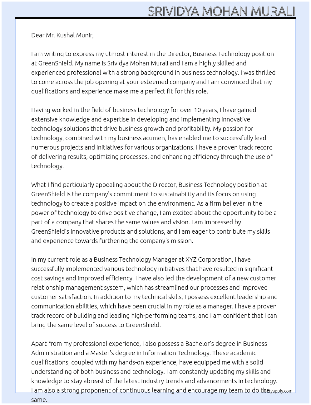 DIRECTOR, BUSINESS TECHNOLOGY At GreenShield Cover Letter