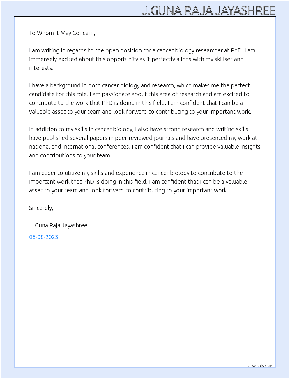 Cancer biology At PhD Cover Letter
