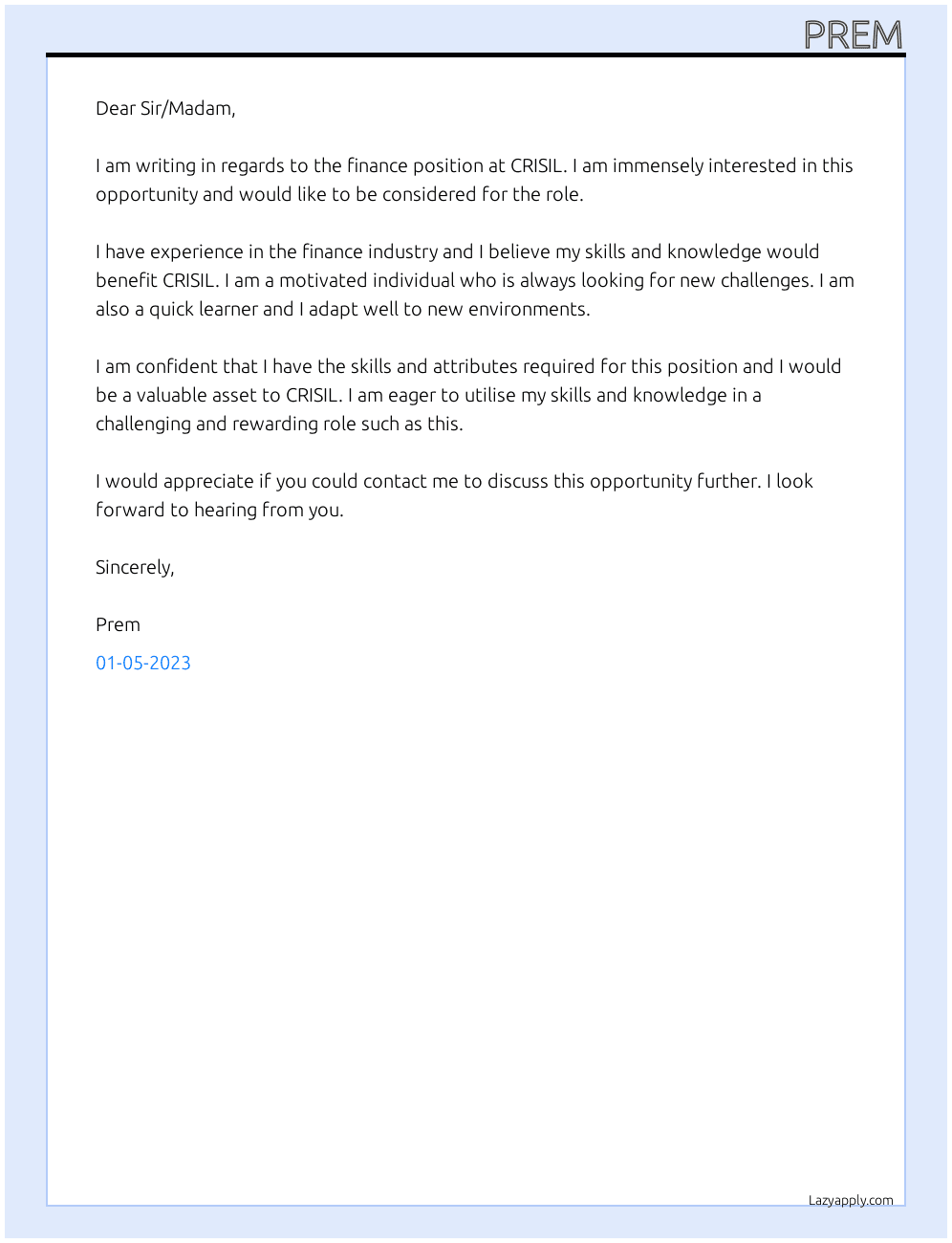 finance At CRISIL Cover Letter