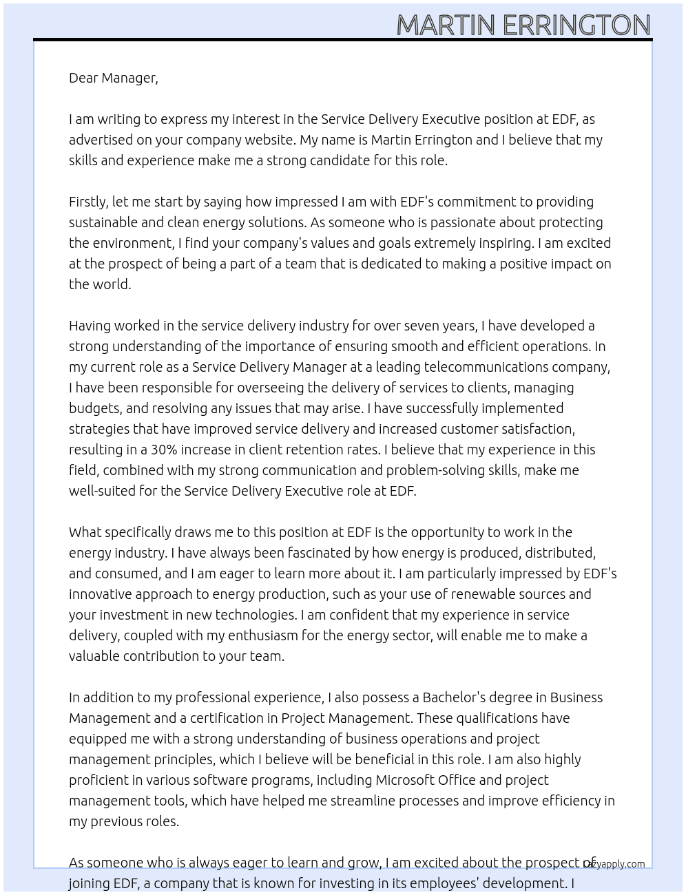 Service Delivery Executive At edf Cover Letter