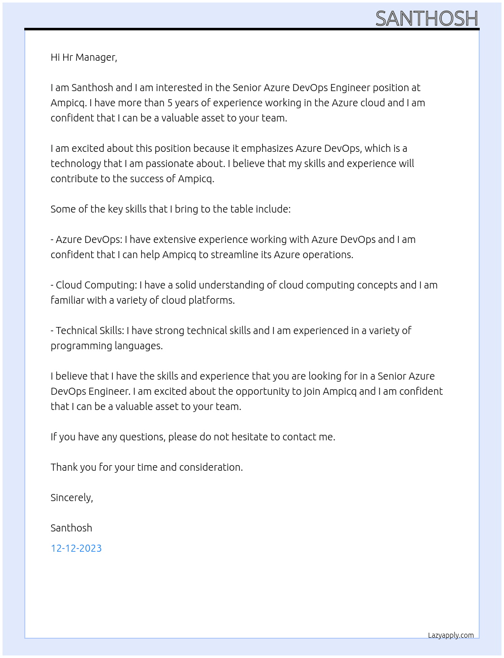 Senior Azure DevOps Engineer At Ampicq Cover Letter