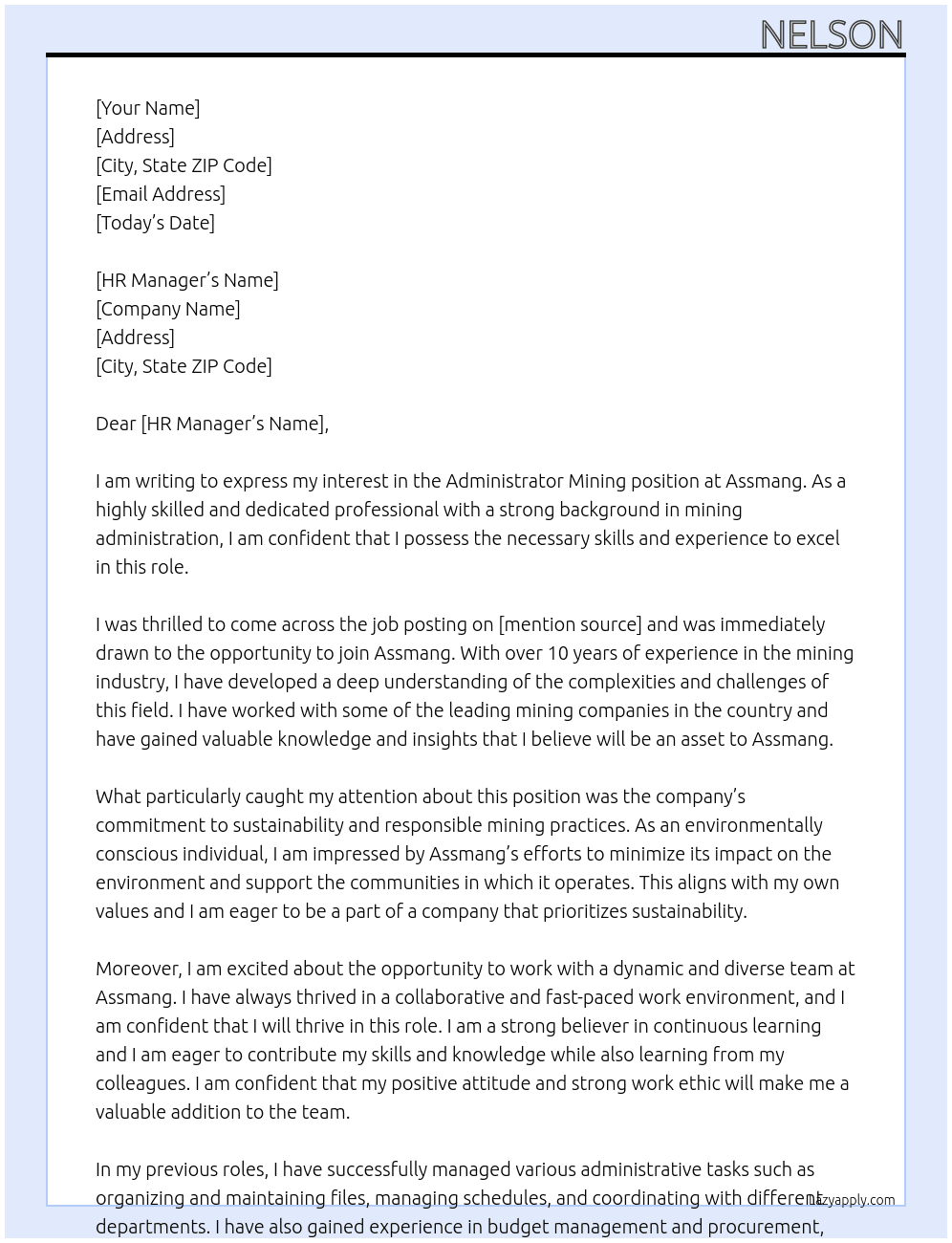 Administrator Mining At Assmang Cover Letter