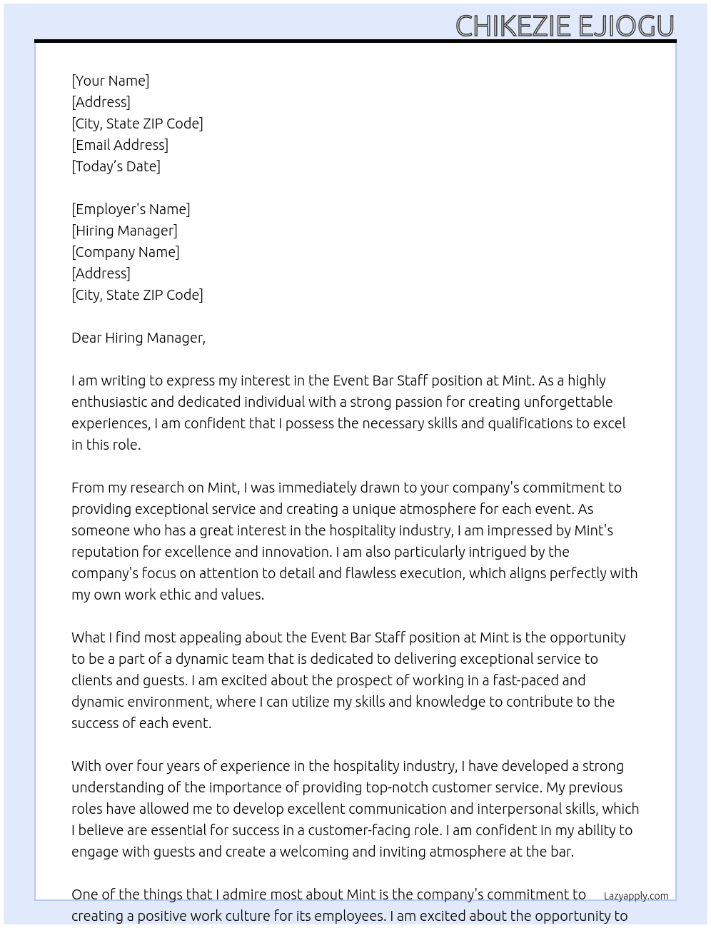 Event Bar Staff At Mint Cover Letter
