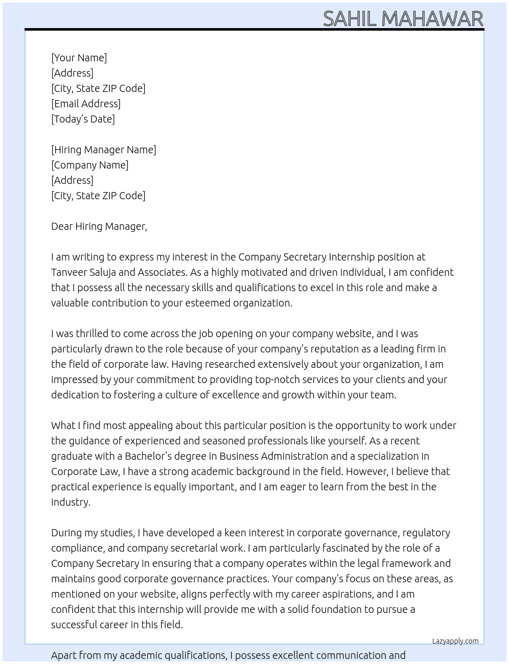 Company Secretary Internship  At Tanveer Saluja and Associates Cover Letter