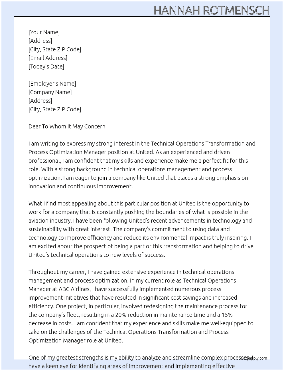Technical Operations Transformation and Process Optimization Manager At United Cover Letter