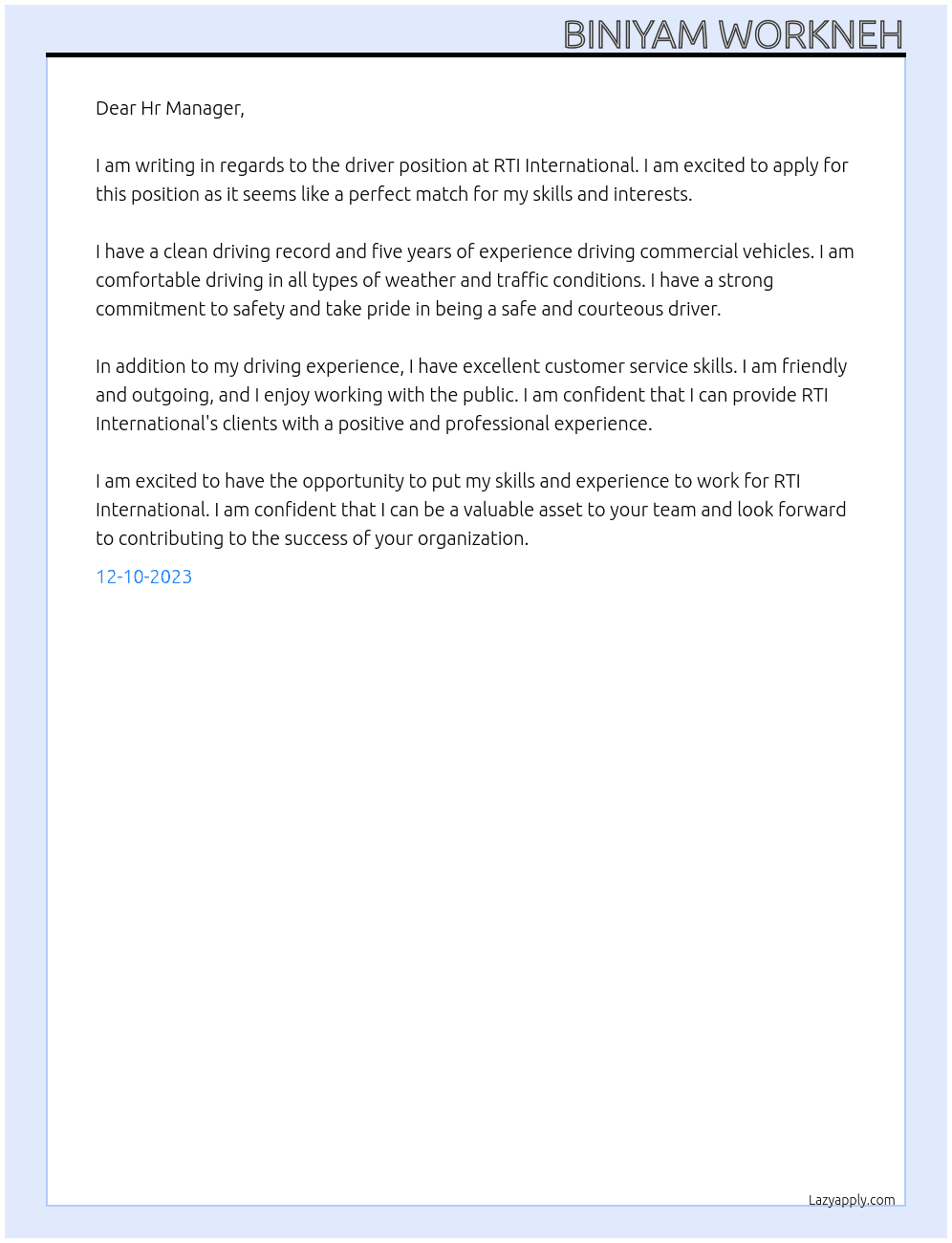 driver At RTI International Cover Letter