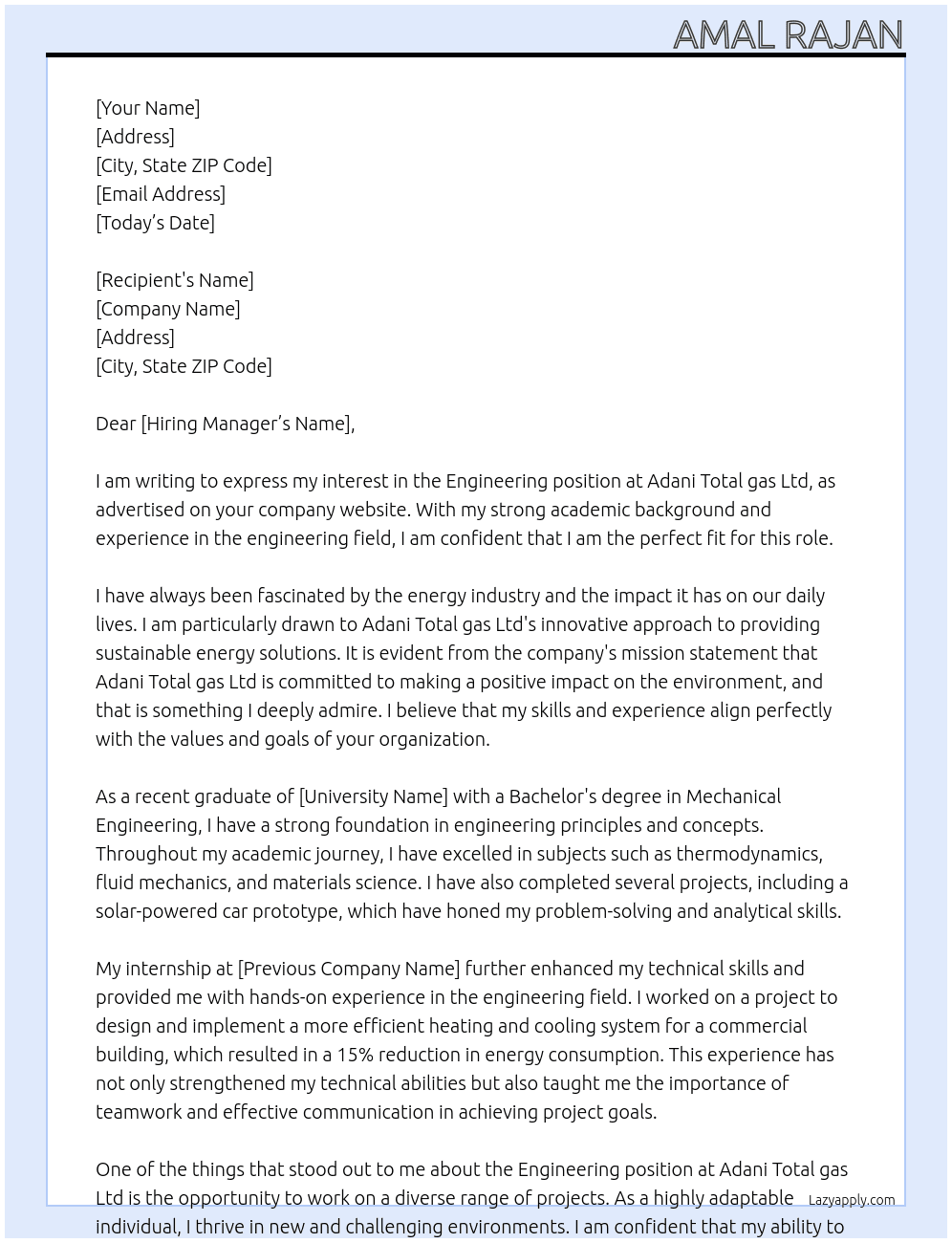 Engineering  At Adani Total gas Ltd Cover Letter