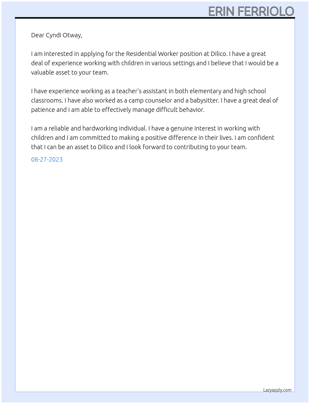 Residential Worker At Dilico Cover Letter