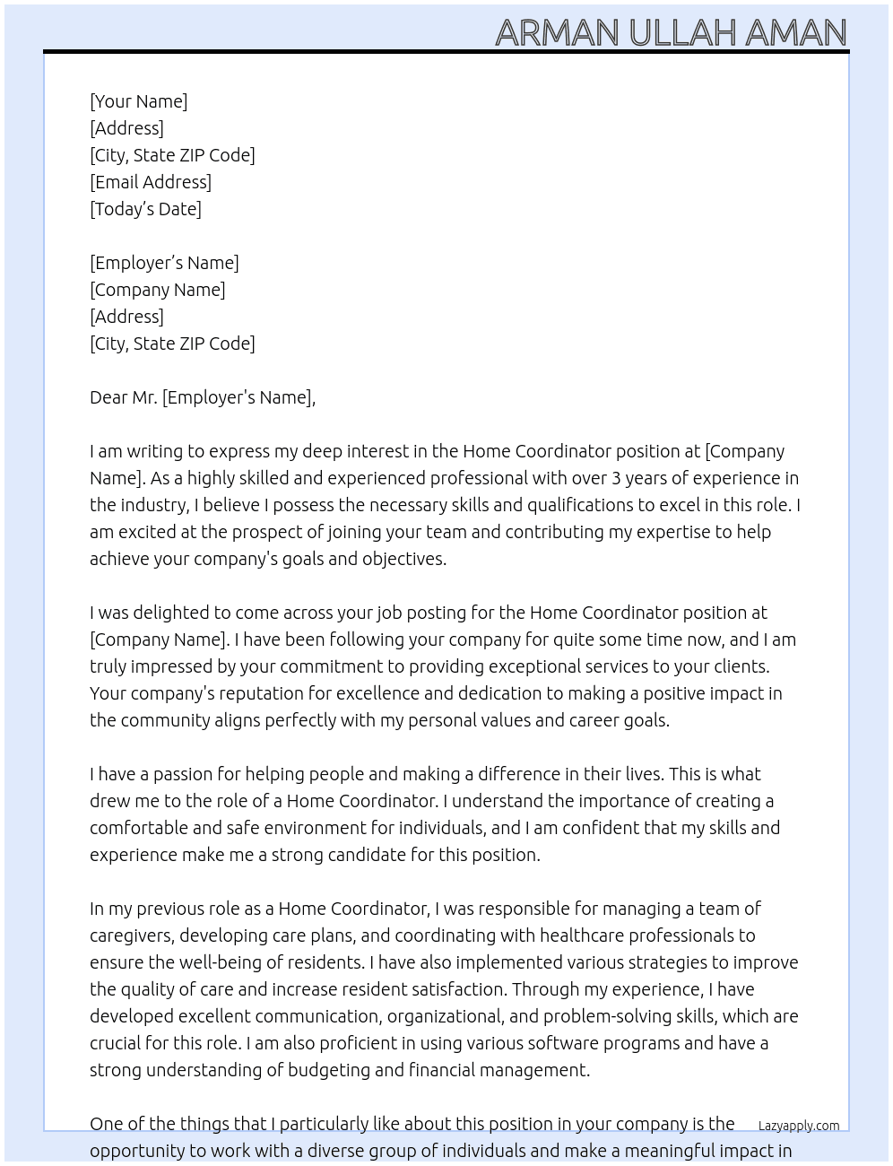 Home Coordinator At Mr Cover Letter