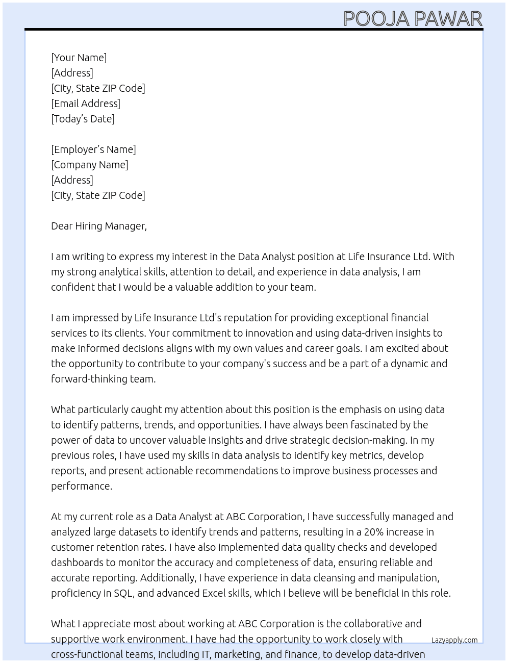 Data Analyst At Life Insurance Ltd Cover Letter