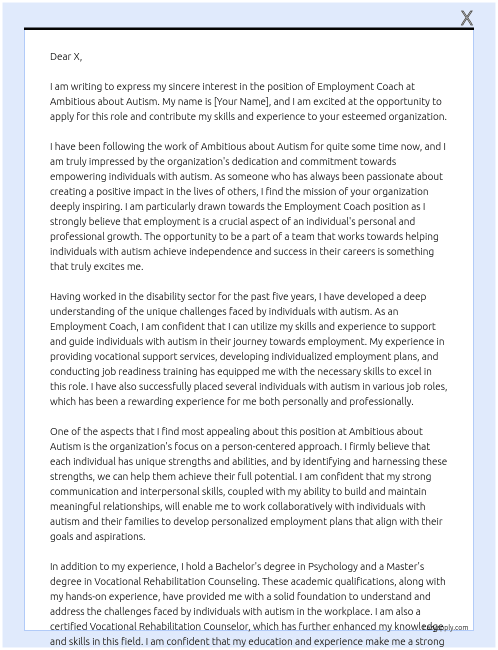 Employment Coach At Ambitious about Autism  Cover Letter