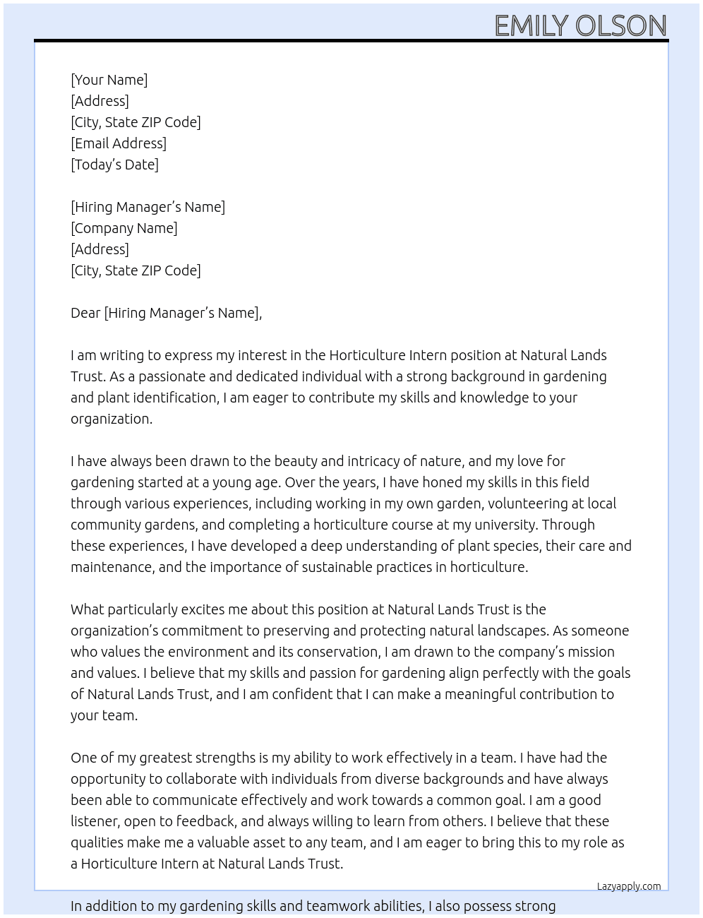 horticulter intern At Natural Lands Trust Cover Letter