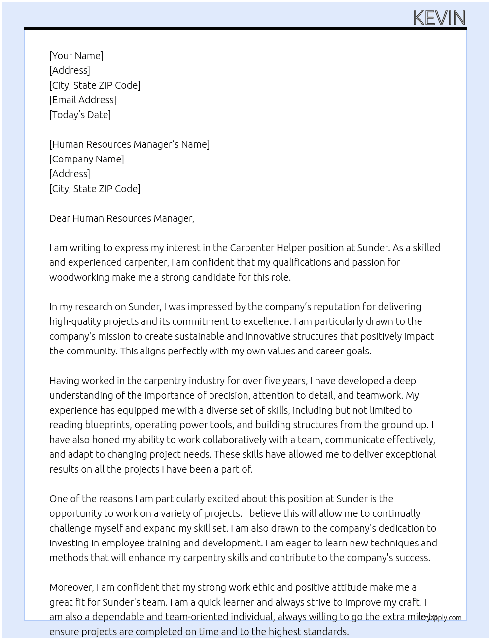 Carpenter helper At Sunder Cover Letter