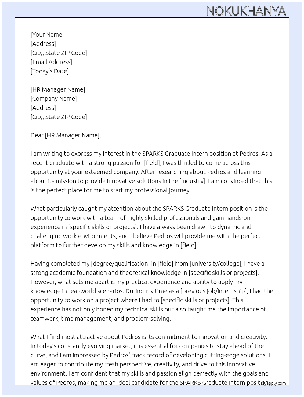 SPARKS Graduate Intern At Pedros Cover Letter