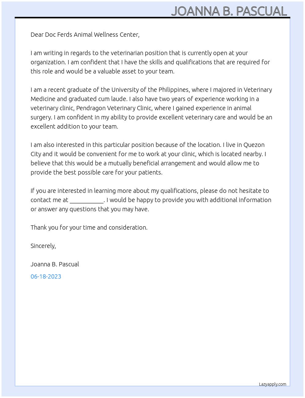 veterinaian At Doc Ferds Animal Wellness Center Cover Letter