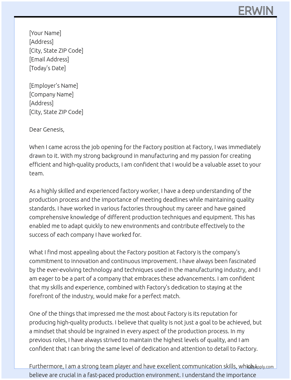 Factory  At Factory  Cover Letter