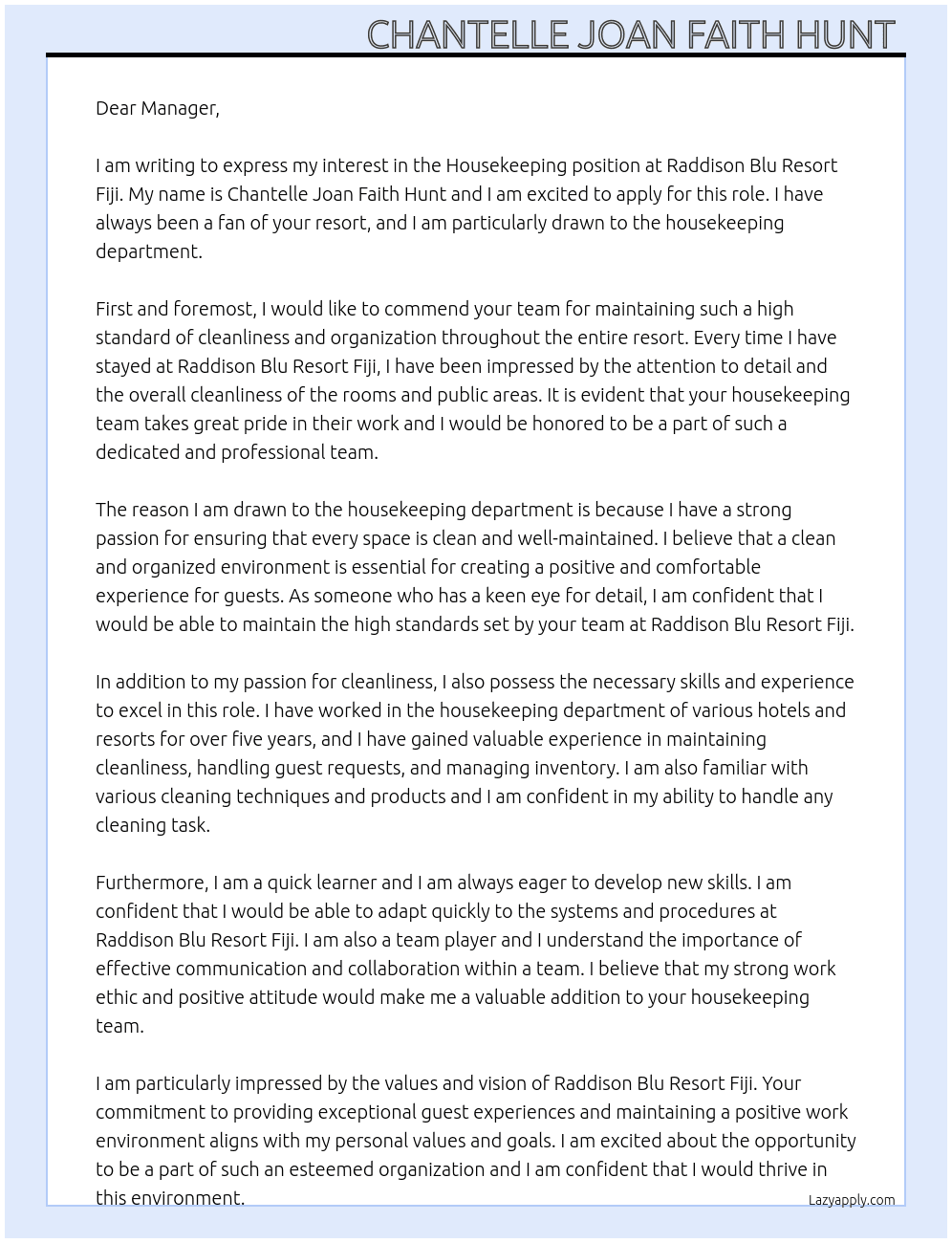 House keeping  At Raddison Blu Resort Fiji Cover Letter