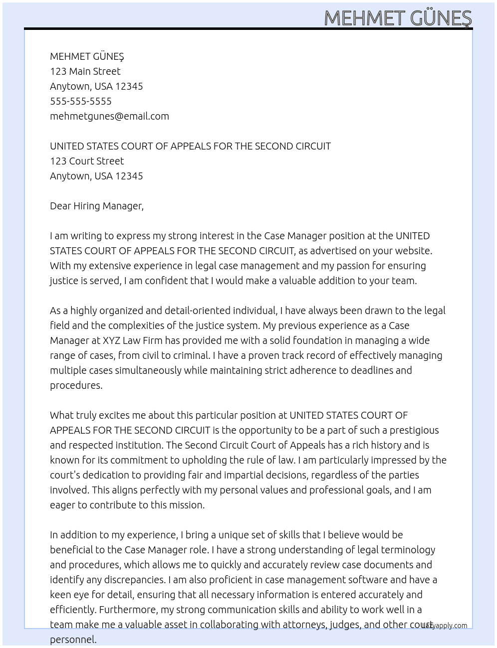 Case Manager At UNITED STATES COURT OF APPEALS FOR THE SECOND CIRCUIT Cover Letter