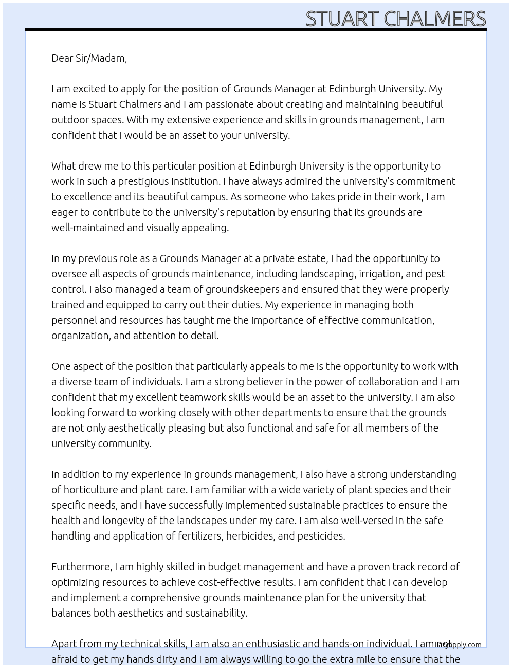 Grounds Manager At Edinburgh University  Cover Letter