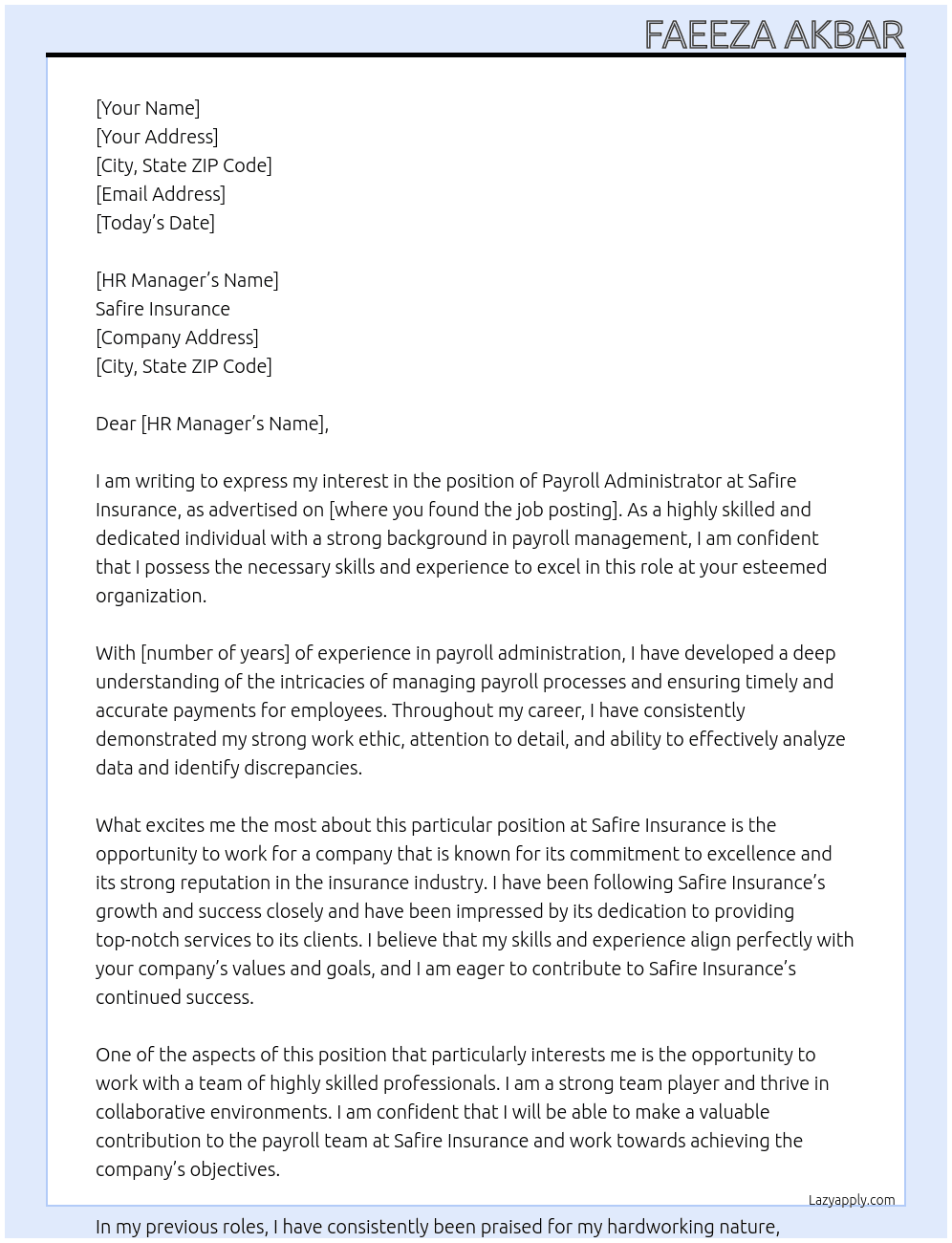 Payroll Administrator  At Safire insurance  Cover Letter