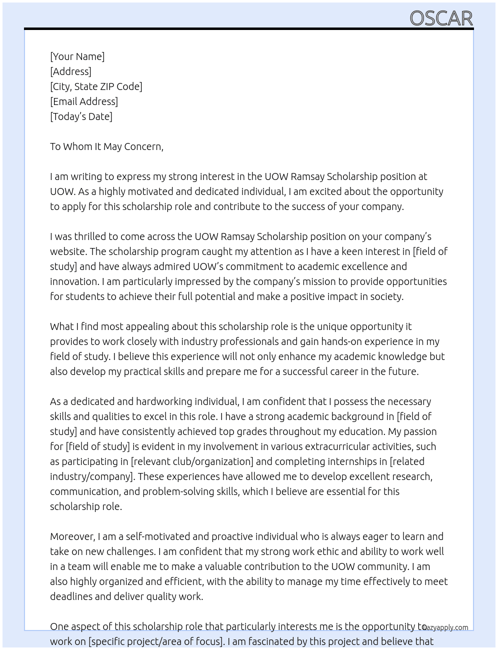 UOW Ramsay Scholarship  At UOW Cover Letter