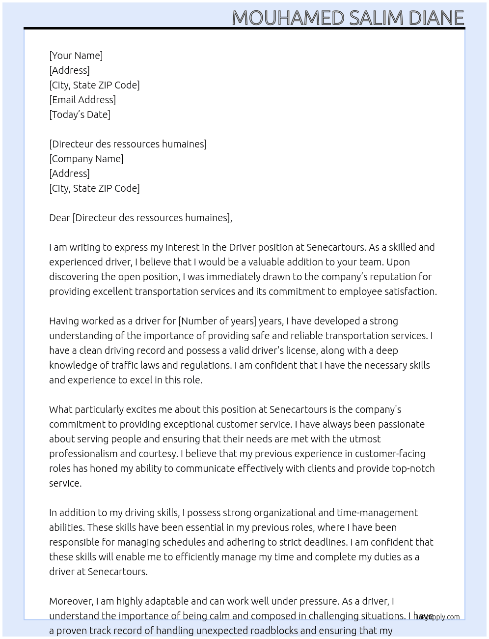 Driver At Senecartours Cover Letter