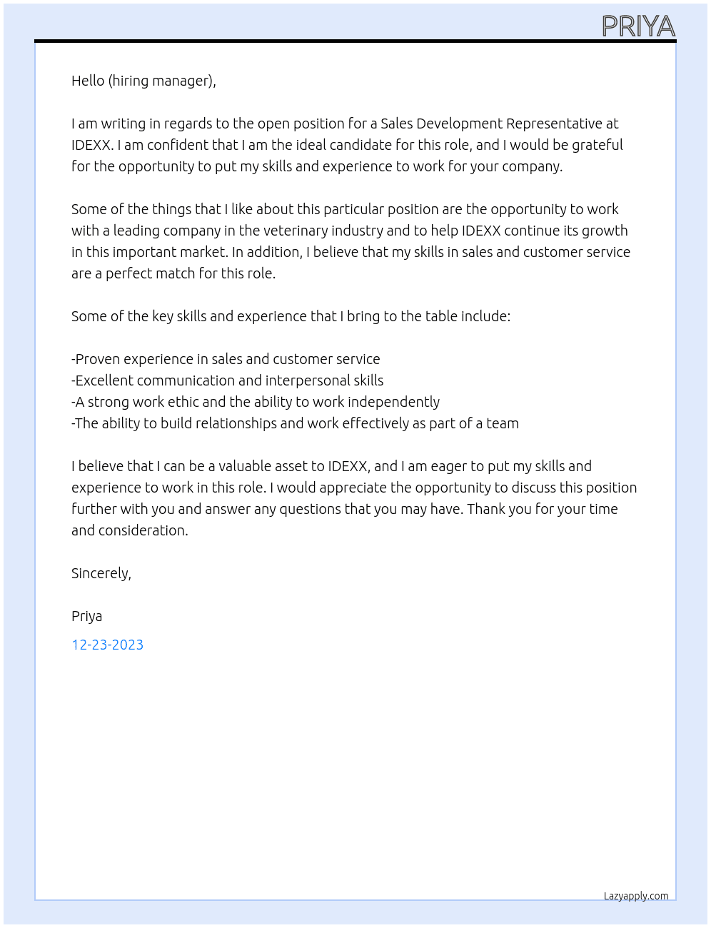 sale sdevelopmemnt representative  At IDEXX Cover Letter