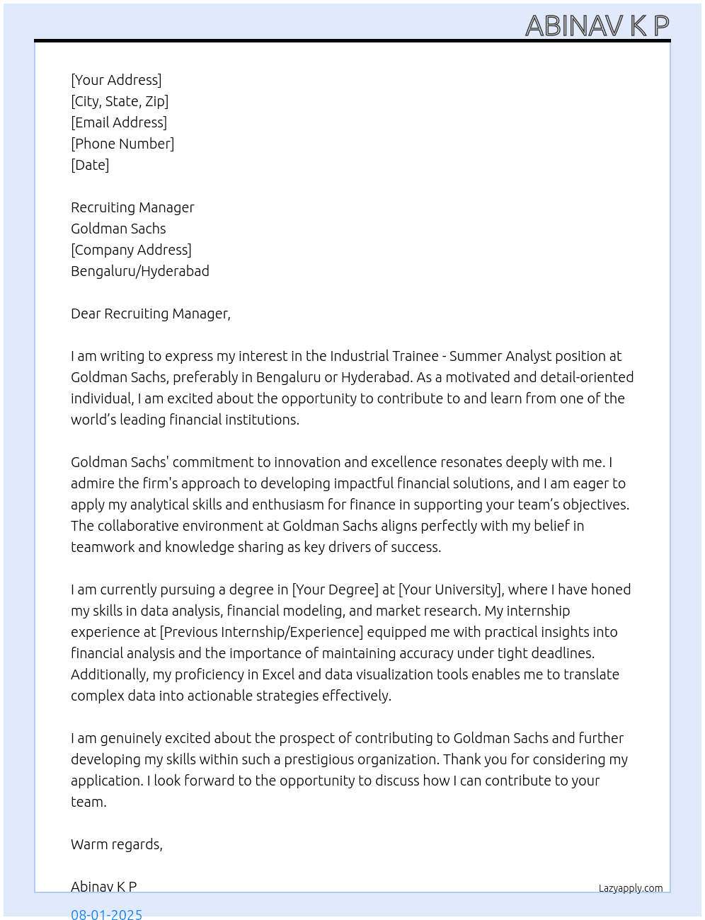 Cover letter for industrial trainee - summer analyst - LazyApply