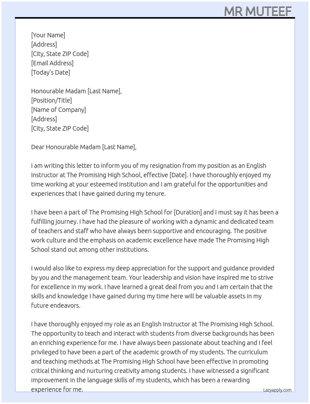 English Instructor  At The Promising high school  Cover Letter