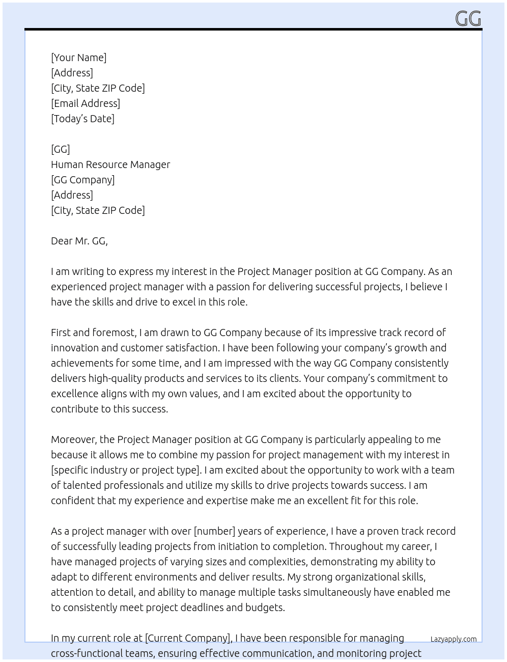 Project Manager At gg Cover Letter