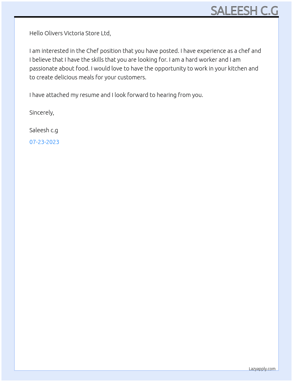 Chef At Olivers Victoria Store Ltd Cover Letter