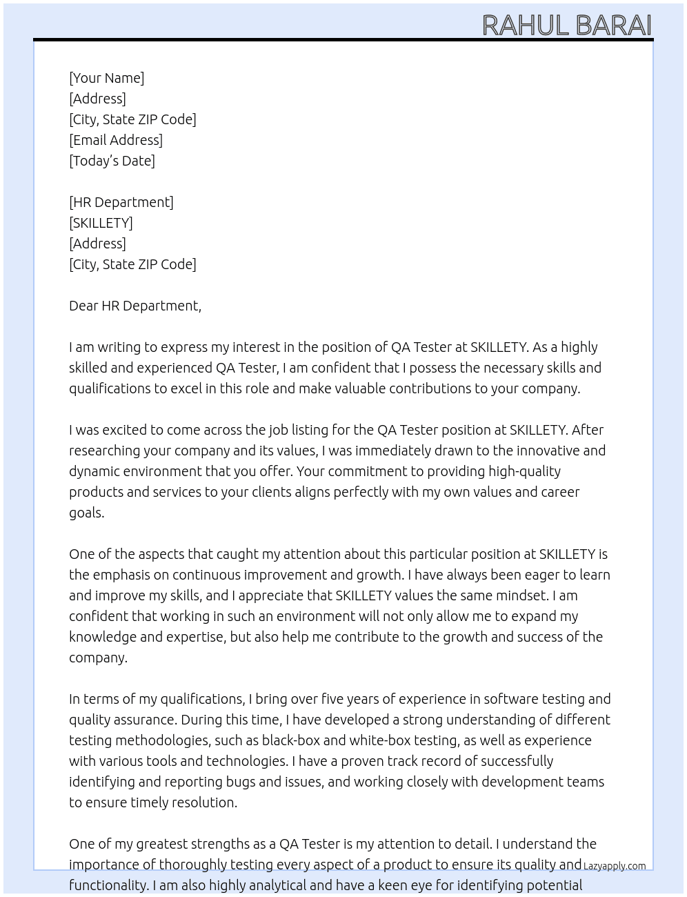 QA Tester At SKILLETY Cover Letter