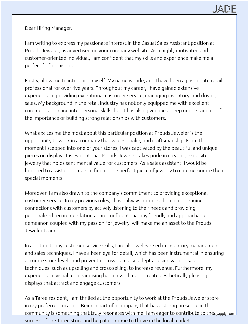 Casual Sales Assistant At Prouds Jeweler Cover Letter