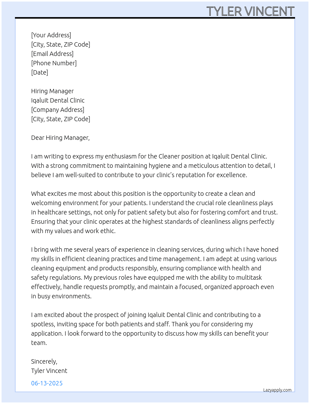 Cleaner At Iqaluit Dental Clinic Cover Letter