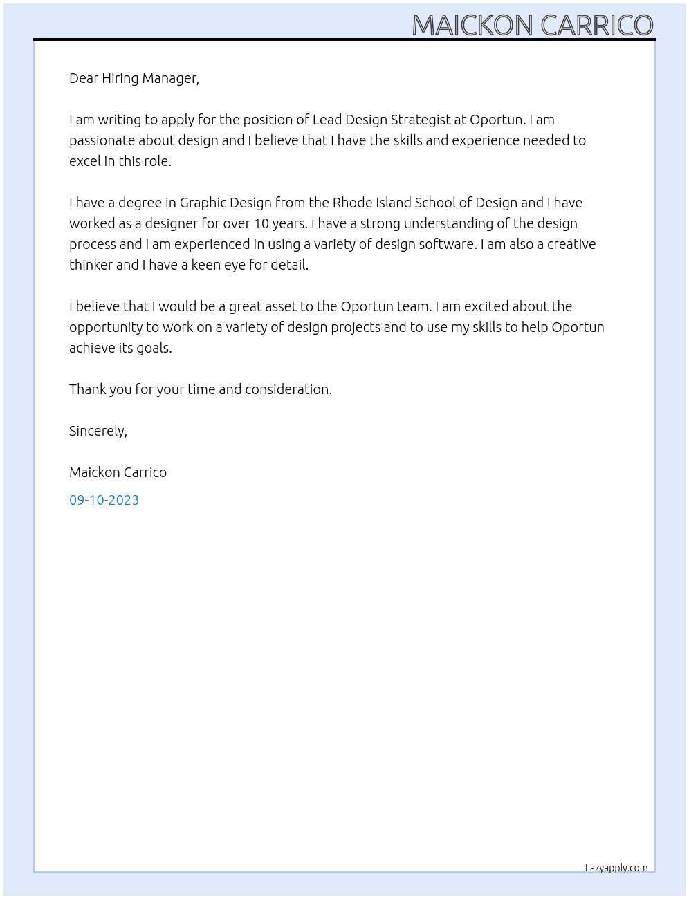 Lead Design Strategist At Oportun Cover Letter