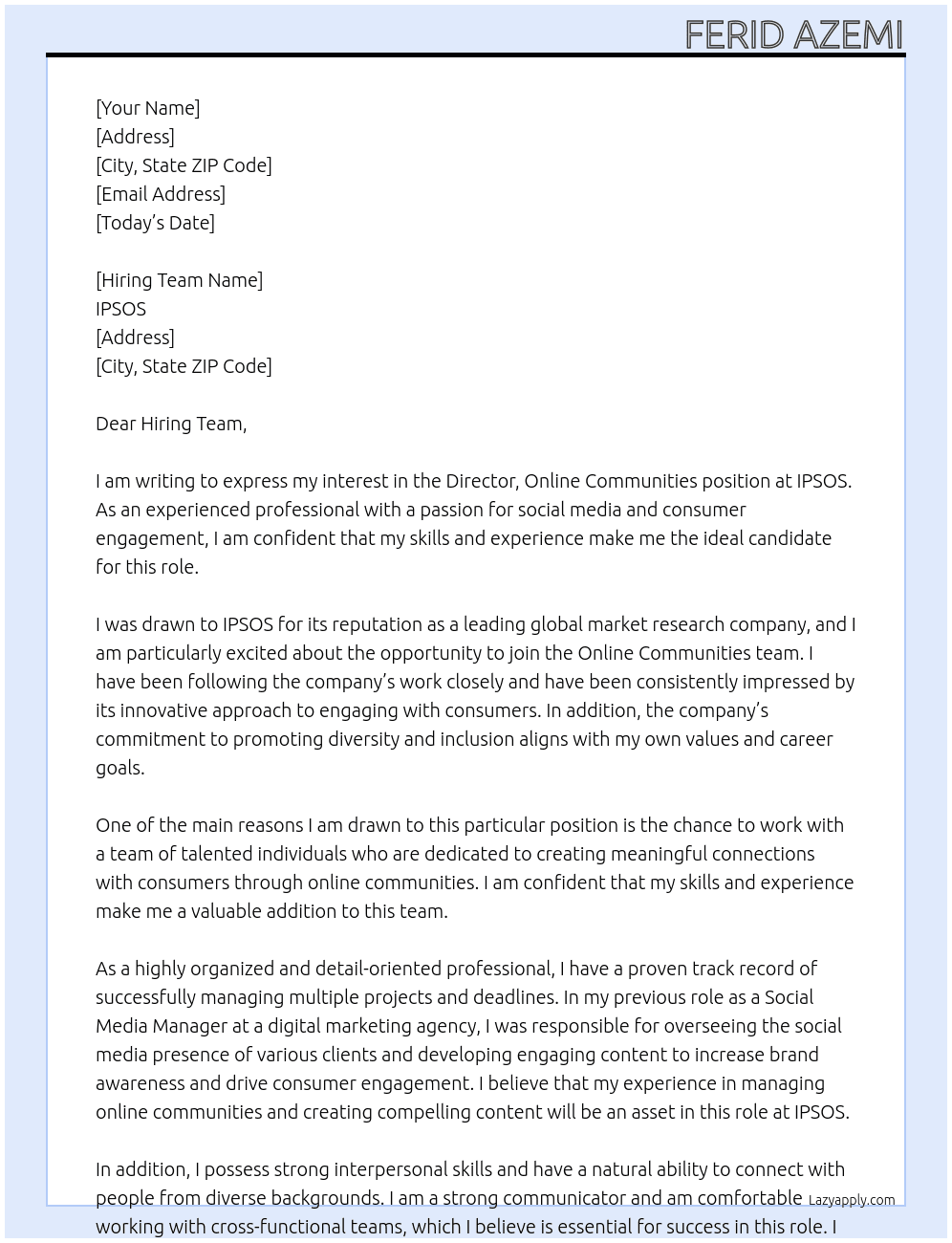 Director, Online Communities At IPSOS Cover Letter