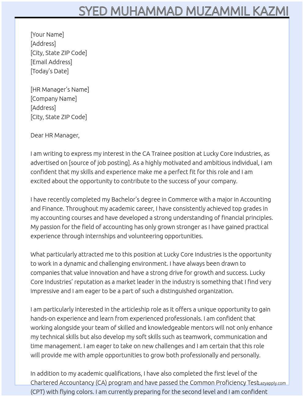 CA Trainee At Lucky Core Industries Cover Letter