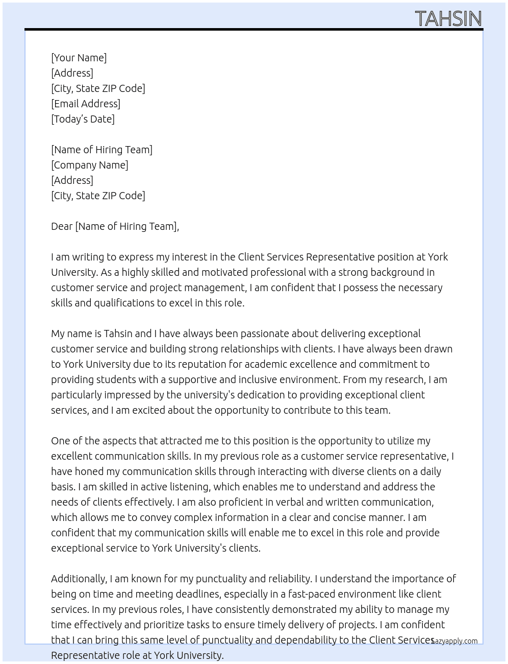 Client Services Representative At york university  Cover Letter
