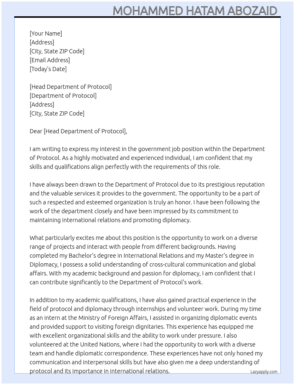 Government job  At Department of protocol  Cover Letter