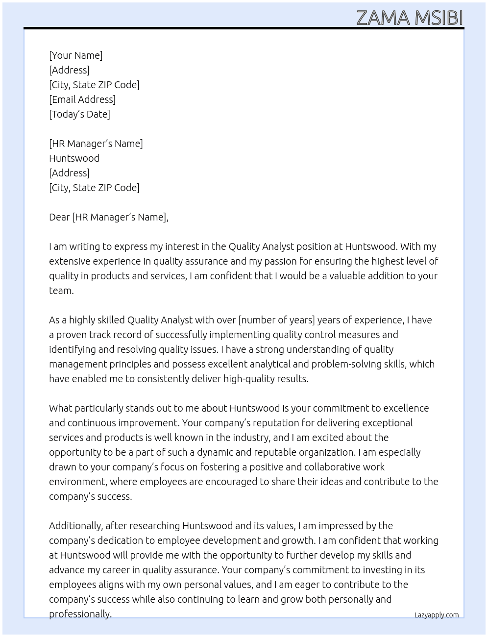 Quality Analyst At huntswood Cover Letter