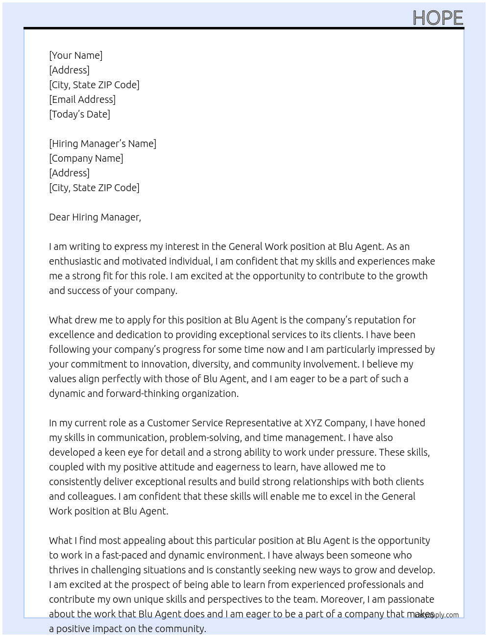 General work  At Blu agent  Cover Letter