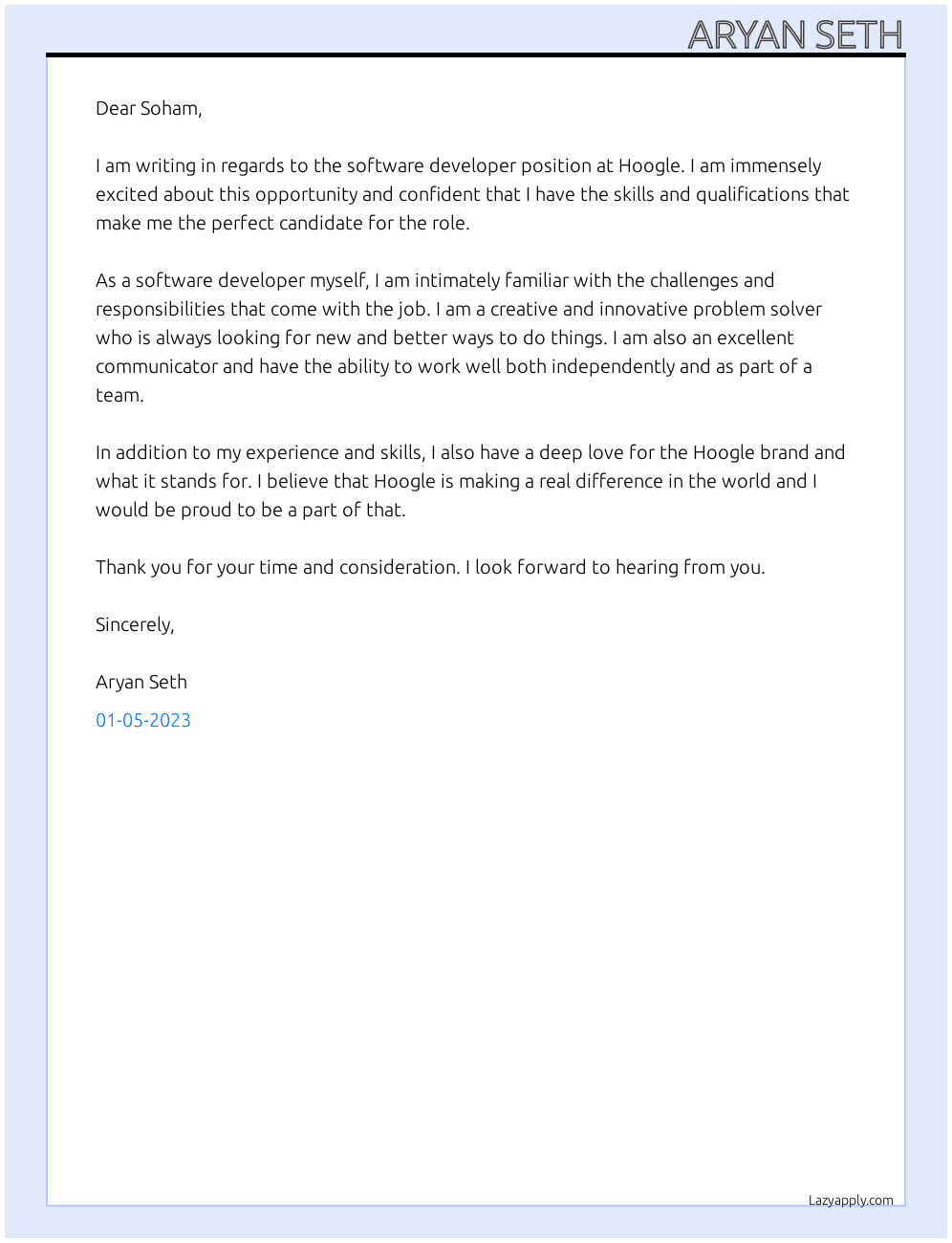 Software Developer At Hoogle Cover Letter