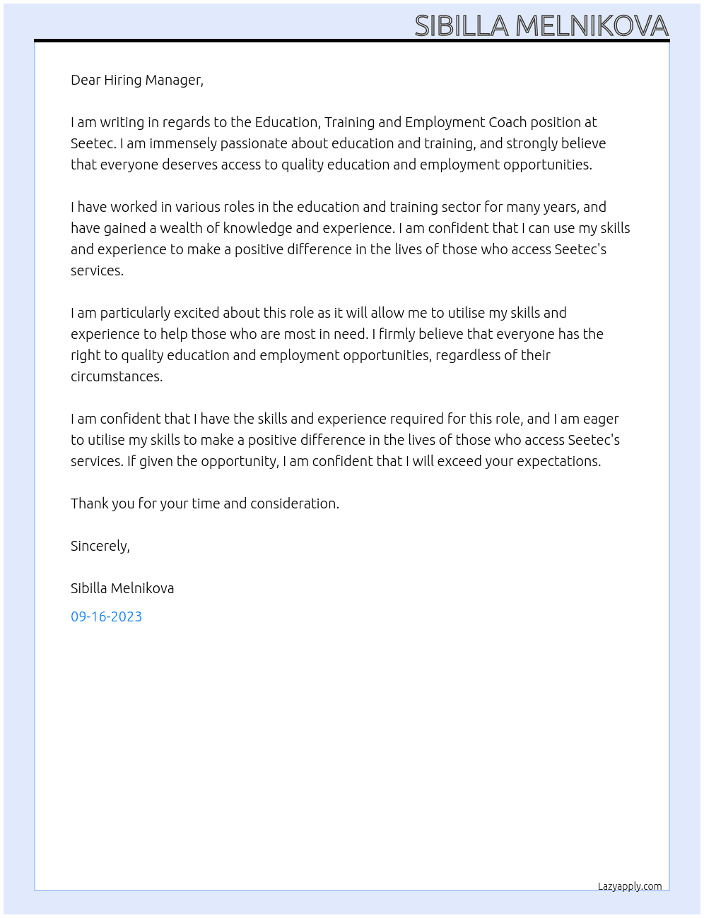Education, Training and Employment Coach  At Seetec Cover Letter