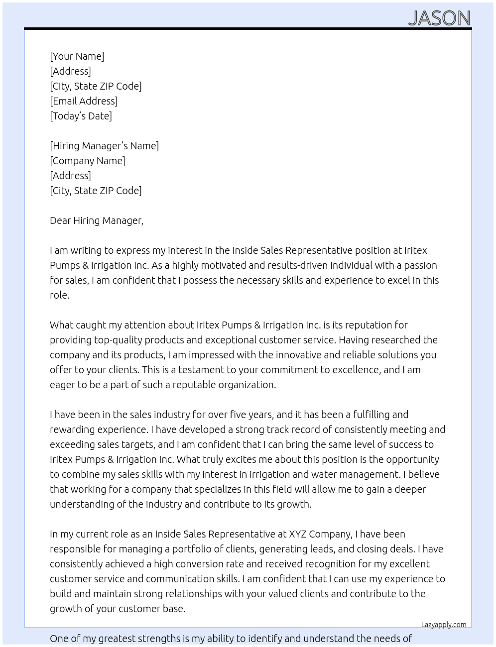 Inside sales Representative  At Iritex Pumps & Irrigation Inc. Cover Letter