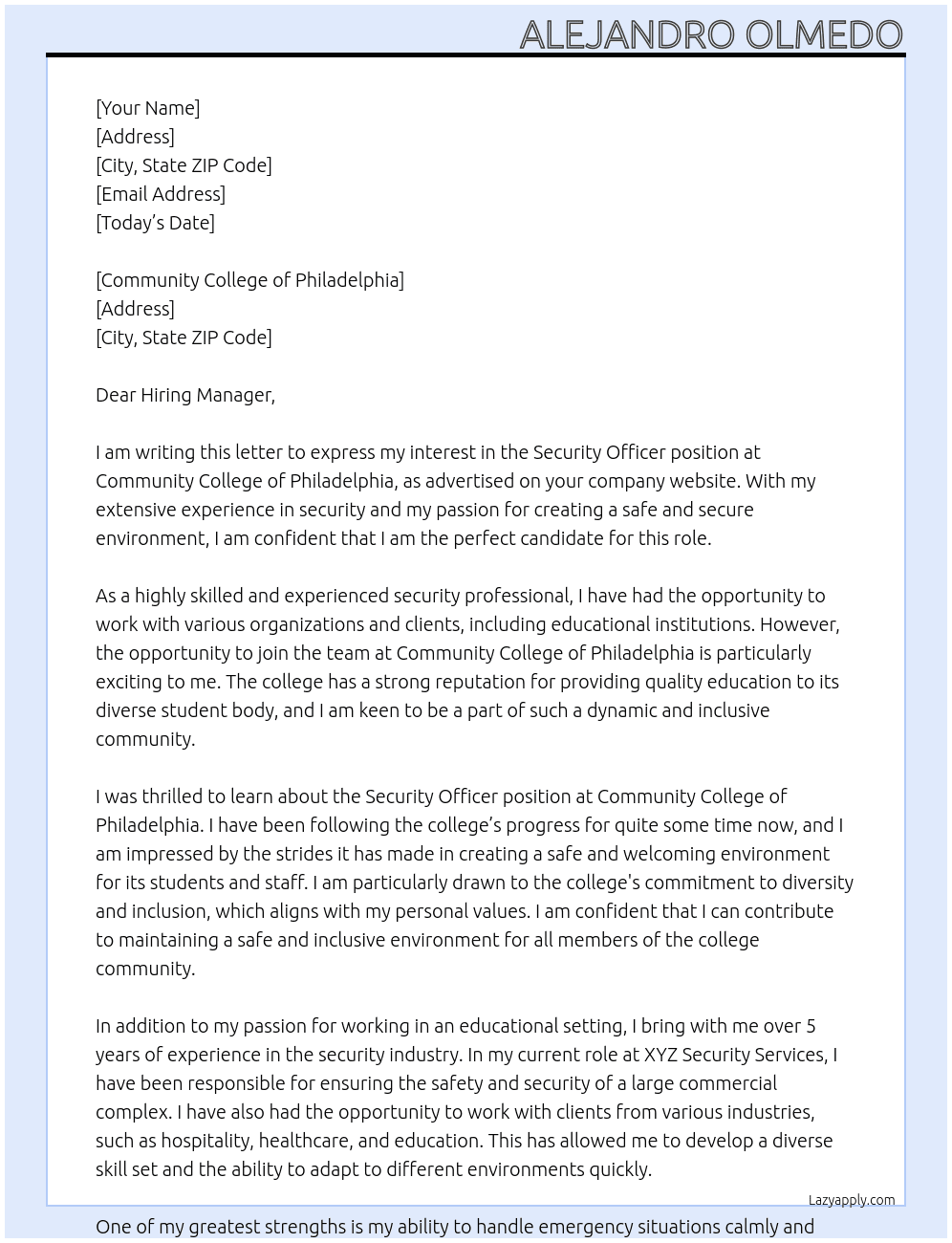 Security Officer At Community College of Philadelphia  Cover Letter
