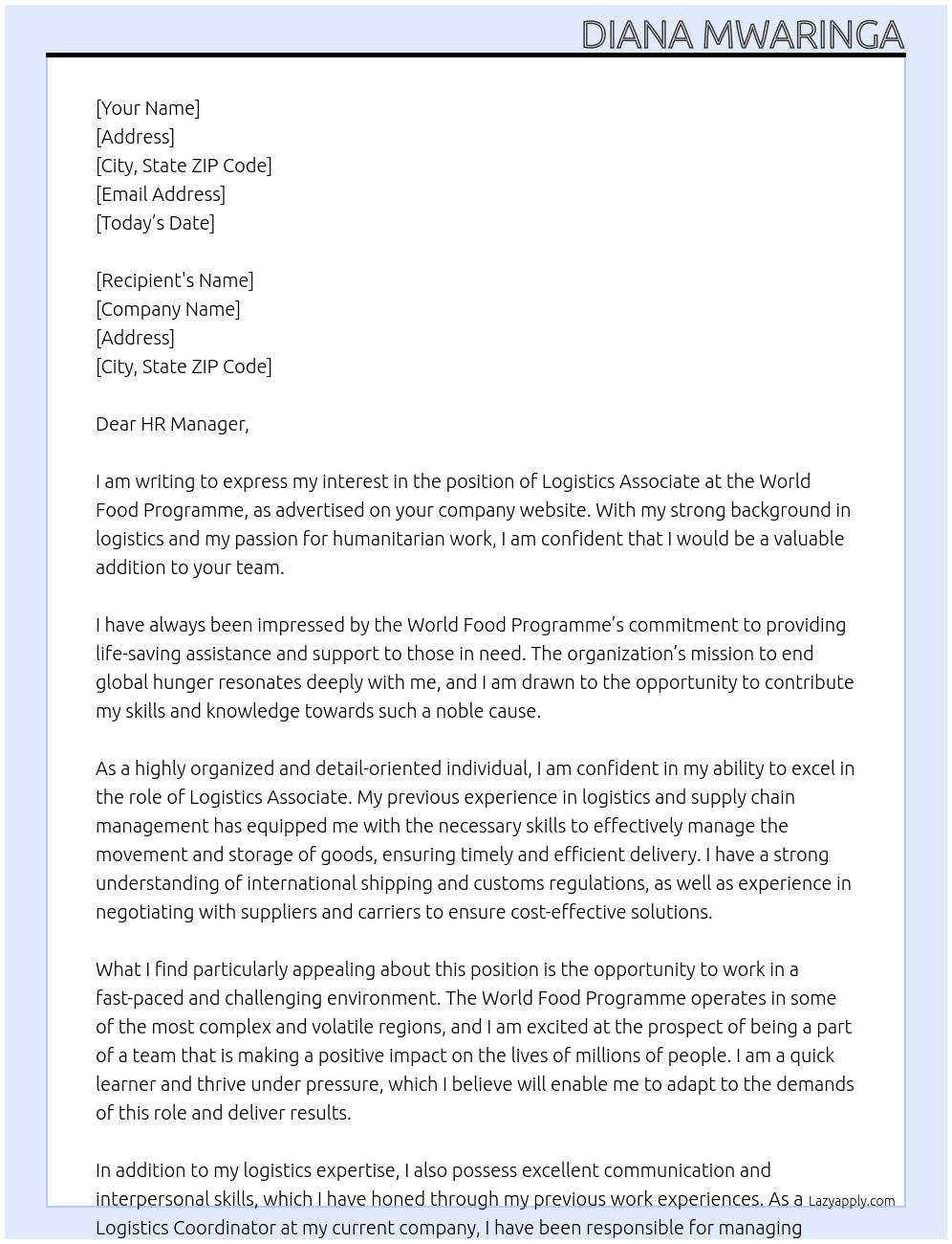 Cover letter for logistics associate - LazyApply